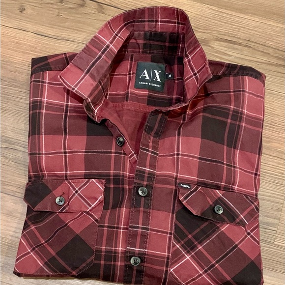 Armani Exchange Burgundy Plaid Men's Shirt - Picture 2 of 11
